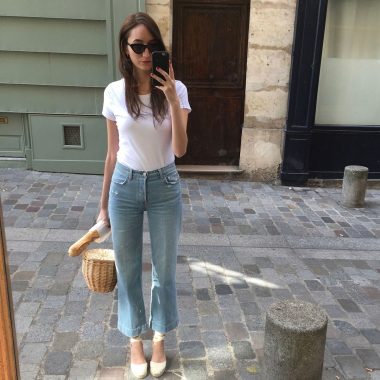 French Girl Accessories - basic white t-shirt, wide leg jeans, Birkin basket bag, Castaner espadrilles, black cat-eye sunglasses and a baguette