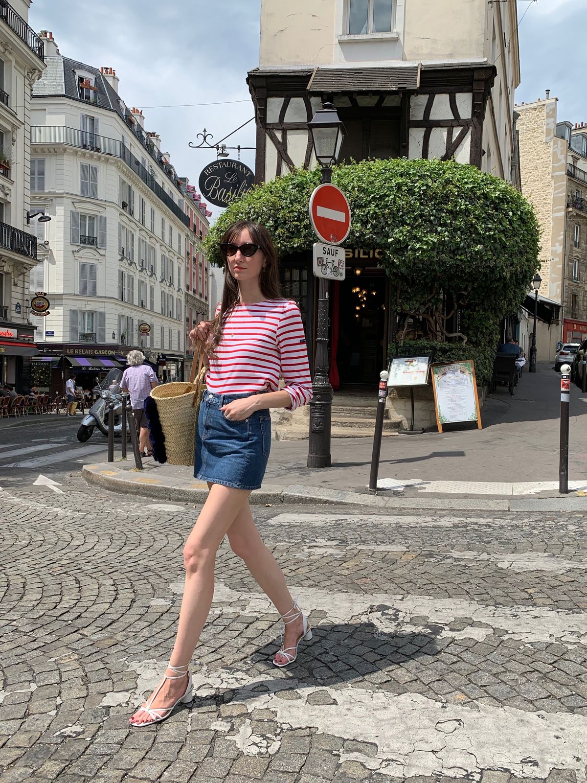 Saint James top, Reformation skirt, & other stories sandals, Sézane basket bag in Montmartre