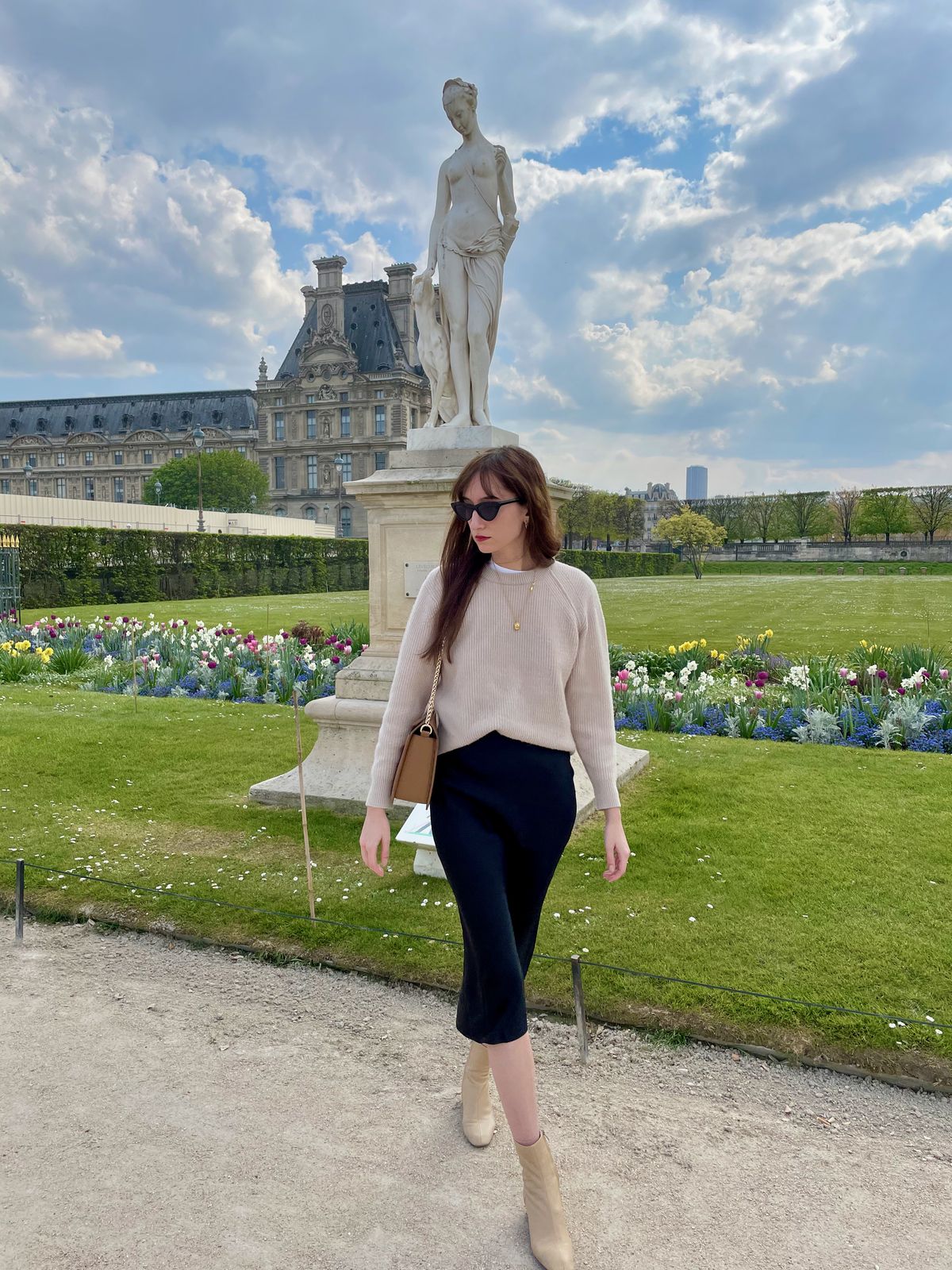 Parisian Spring Outfits - Cashmere Sweater and Black Silk Midi Skirt with Beige Leather Boots